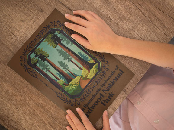 Redwood booklet mockup on table